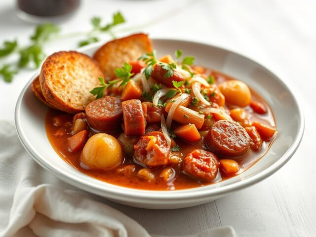 Goulash met krieltjes en kruidenroom — AI-gegenereerde illustratie