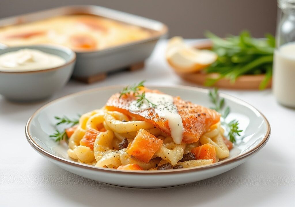 Gratin met zwaardvis en zalm, AI-gegenereerde illustratie
