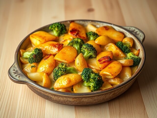 Gratin van aardappelen en broccoli met mimolette