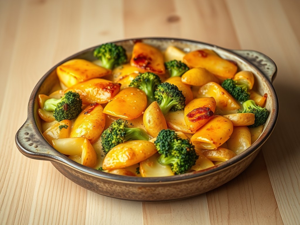 Gratin van aardappelen en broccoli met mimolette, AI-gegenereerde illustratie