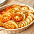 Gratin van aardappelen, tomaten en uien
