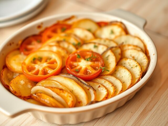 Gratin van aardappelen, tomaten en uien