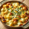 Gratin van bloemkool, prei en blauwe kaas