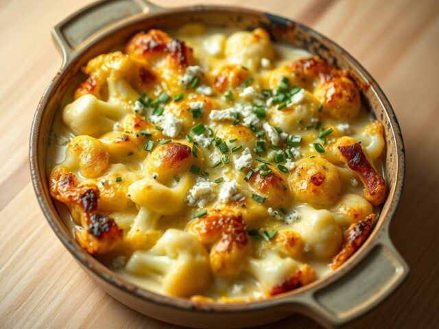 Gratin van bloemkool, prei en blauwe kaas