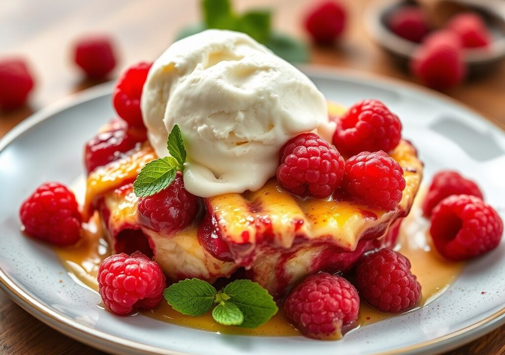 Gratin van frambozen met vanille-ijs, AI-gegenereerde illustratie