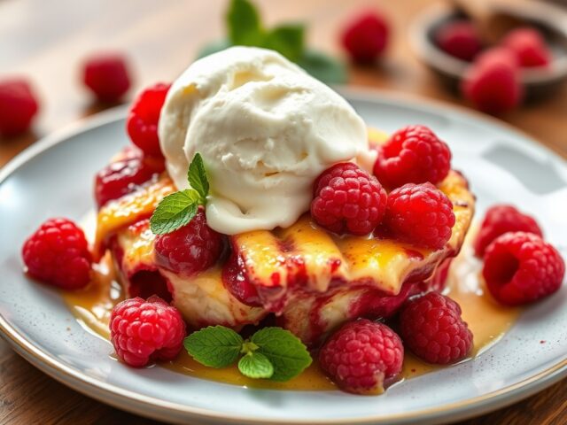 Gratin van frambozen met vanille-ijs