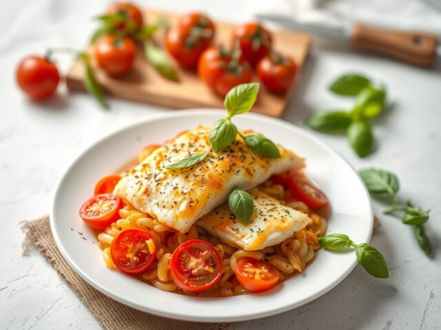 Gratin van pangasius vis en tomaten