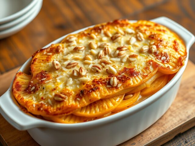 Gratin van prei en zoete aardappel