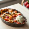 Gratin van rabarber met aardbeien en rozemarijnijs