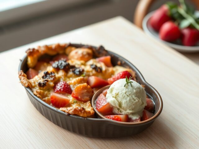 Gratin van rabarber met aardbeien en rozemarijnijs