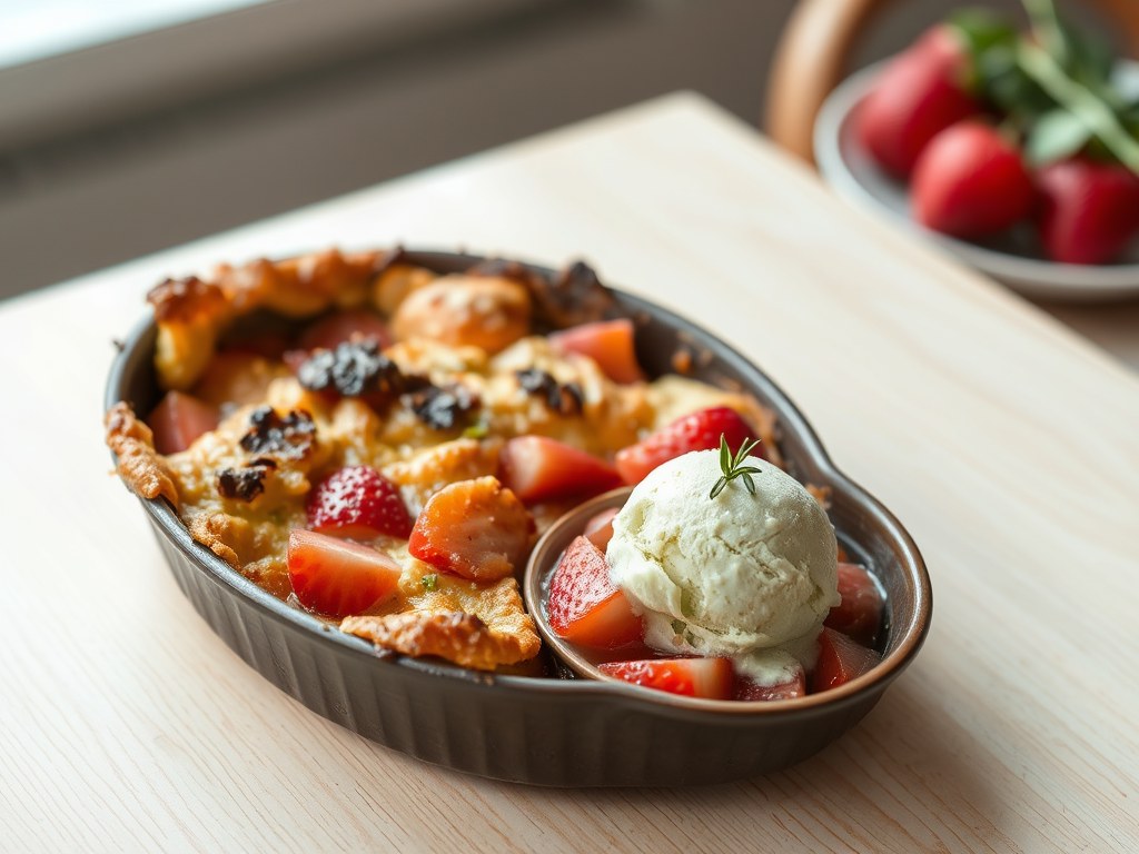 Gratin van rabarber met aardbeien en rozemarijnijs, AI-gegenereerde illustratie