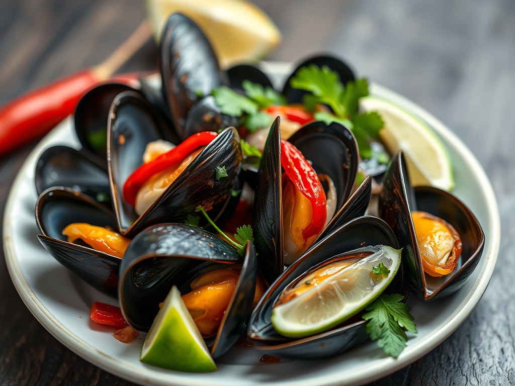 Greenshell mosselen met frisse marinade, AI-gegenereerde illustratie