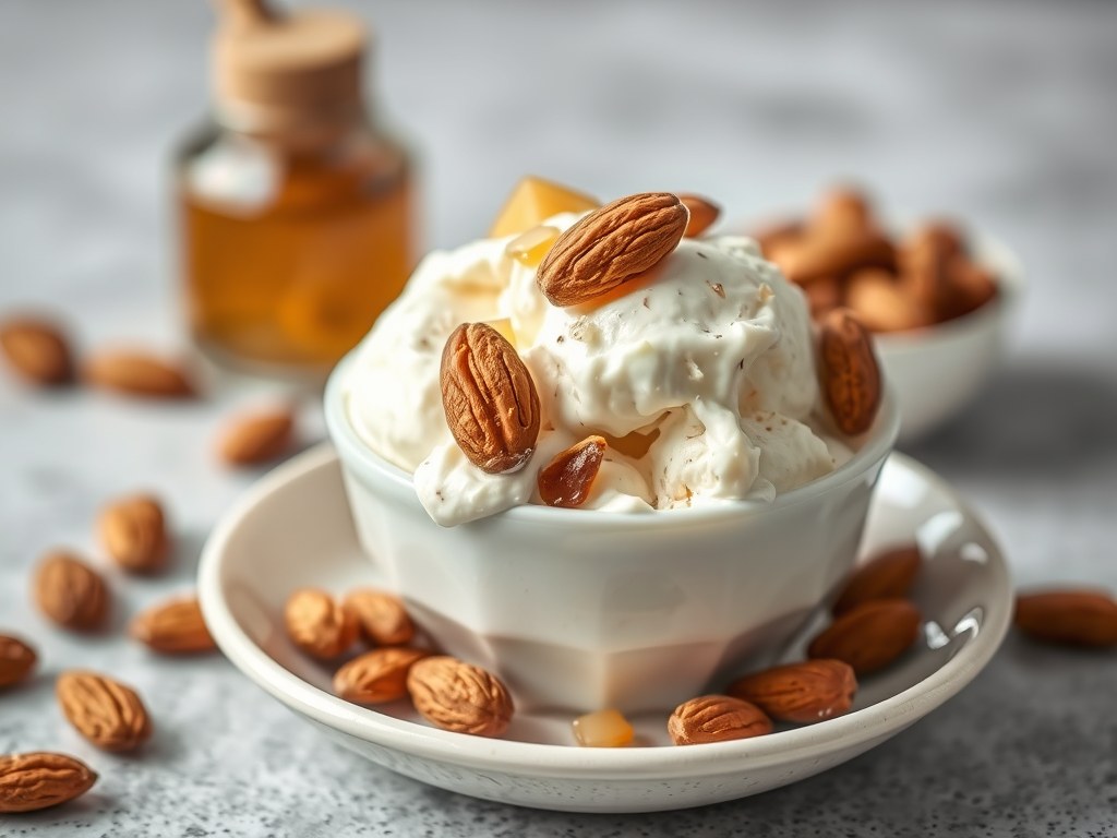 Grieks yoghurtijs met honing en geroosterde amande, AI-gegenereerde illustratie