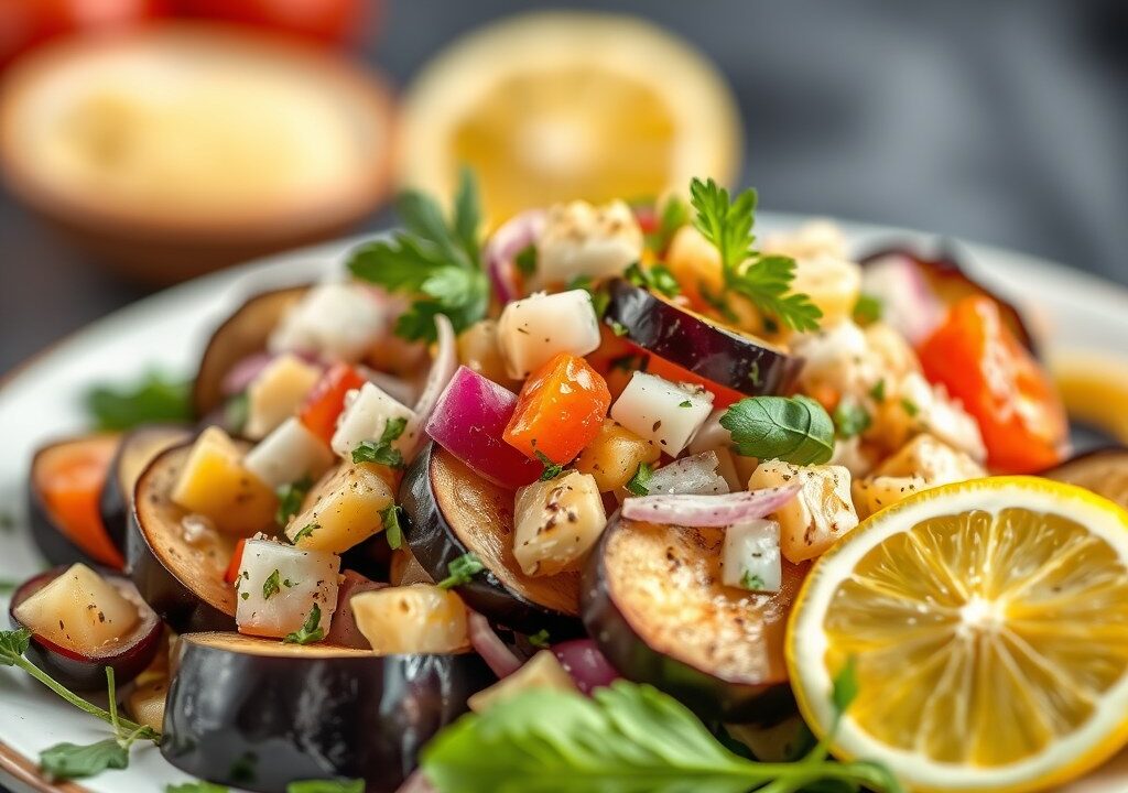Griekse auberginesalade (Melizanosalata – mezedes), AI-gegenereerde illustratie