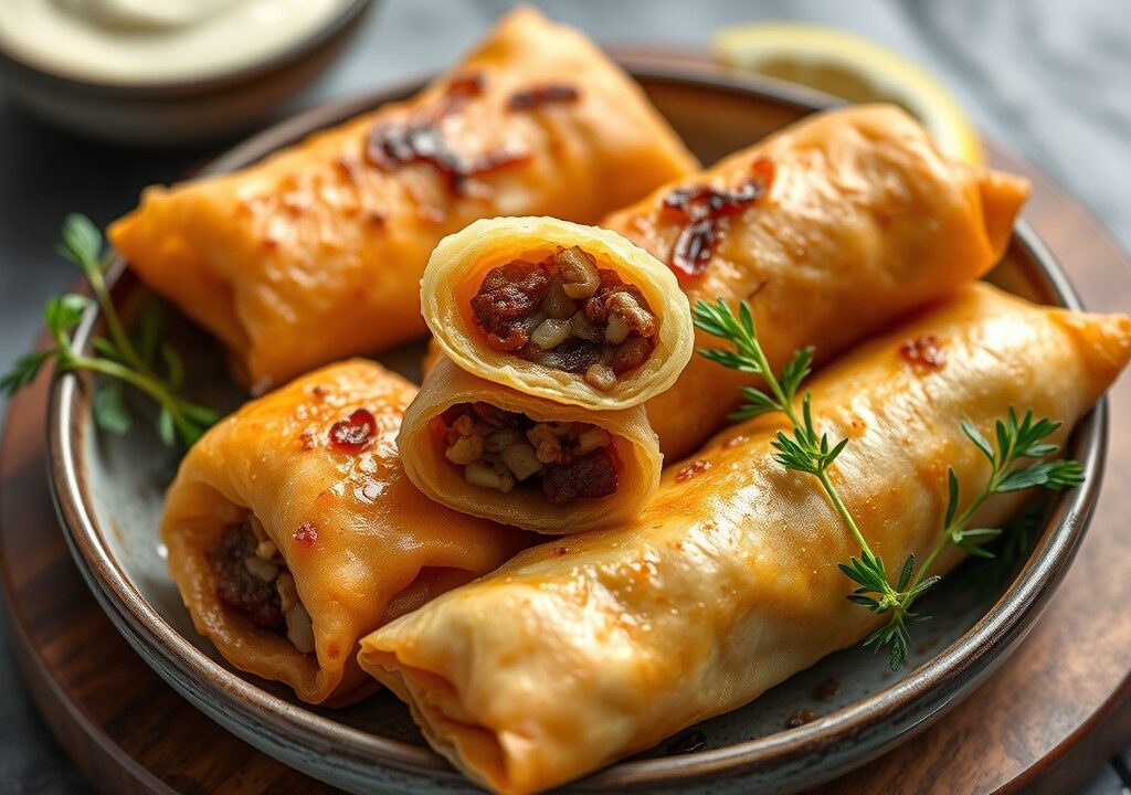 Griekse filorolletjes (bourekakia – mezedes), AI-gegenereerde illustratie