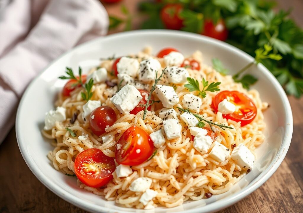 Griekse orzosalade, AI-gegenereerde illustratie