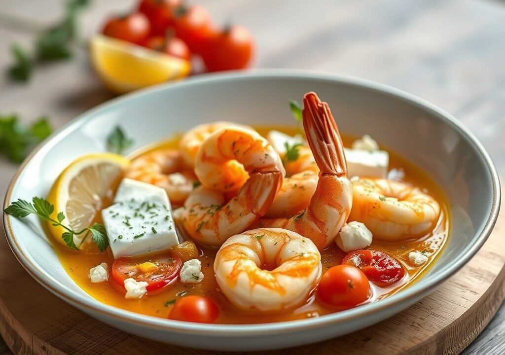 Griekse Saganaki met garnalen, AI-gegenereerde illustratie