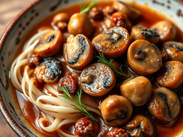 Griekse stifado met champignons — AI-gegenereerde illustratie