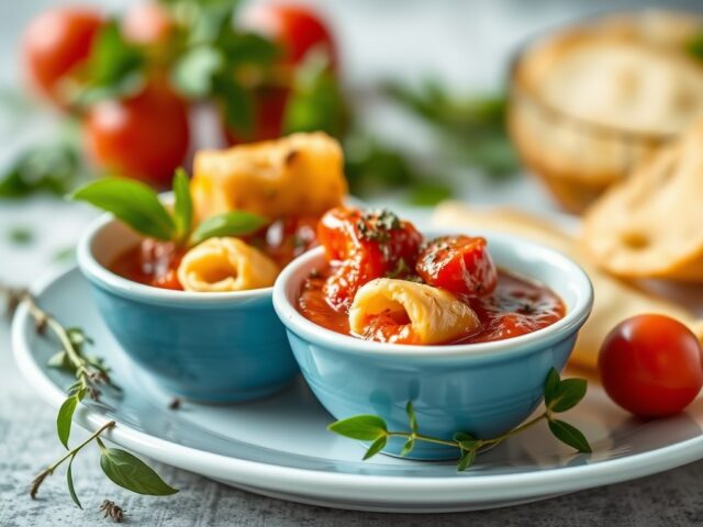 Griekse tomatensaus bij filorolletjes (mezedes) — AI-gegenereerde illustratie