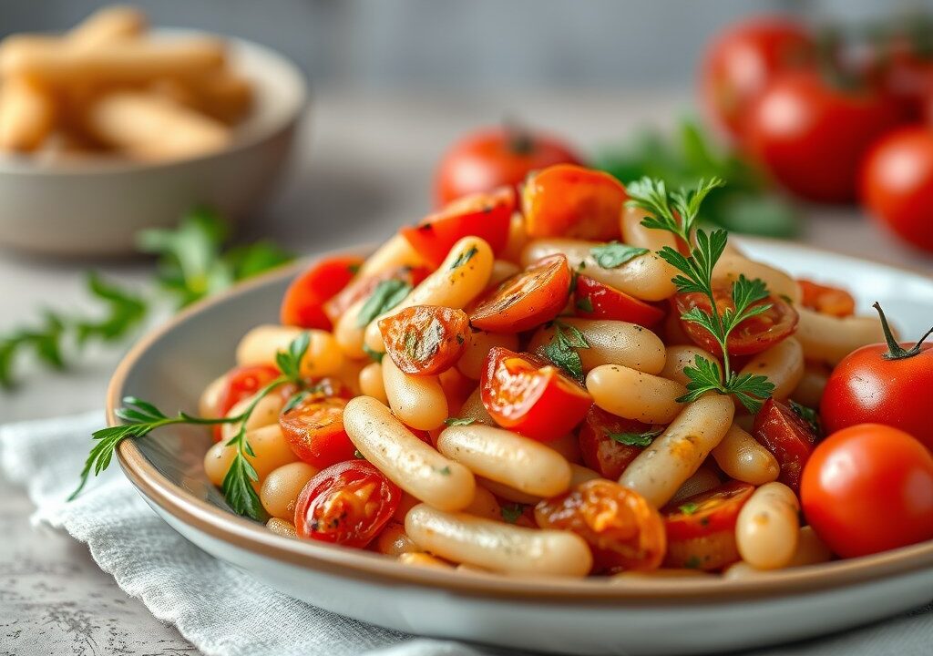 Griekse vleesreepjes met aardappel en tomaat, AI-gegenereerde illustratie