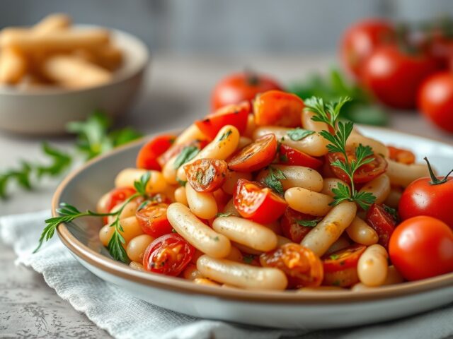 Griekse vleesreepjes met aardappel en tomaat — AI-gegenereerde illustratie