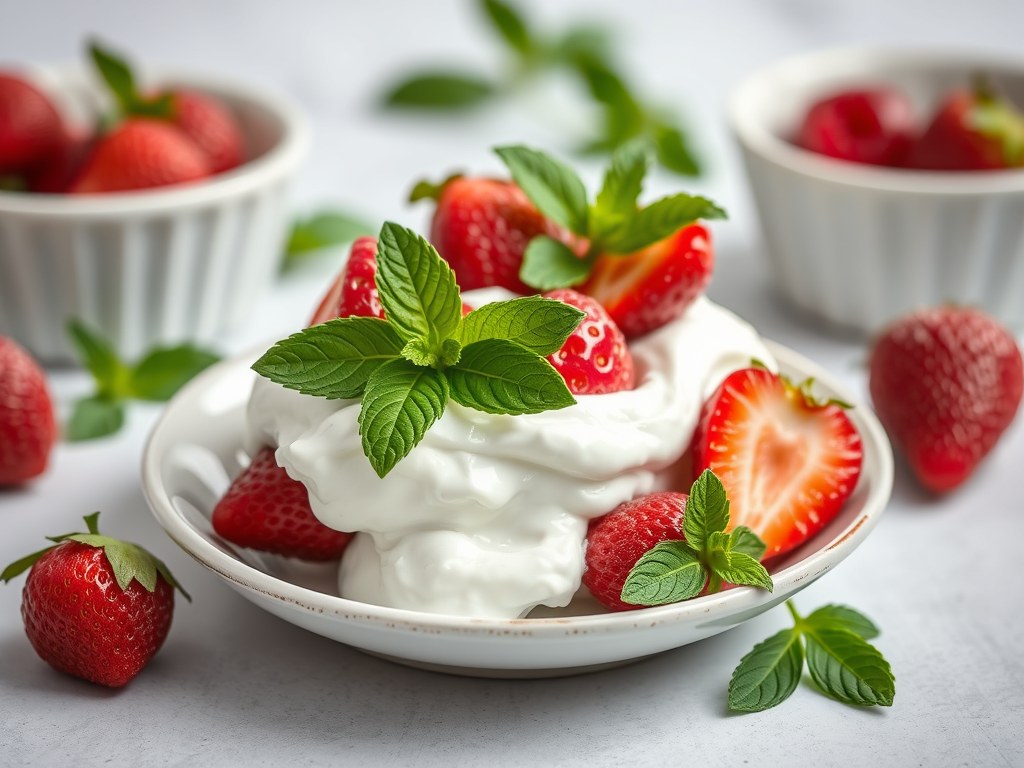 Griekse yoghurt met aardbeien en munt, AI-gegenereerde illustratie
