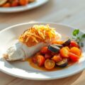 Griet met een korstje van aardappelen en caponata van aubergines