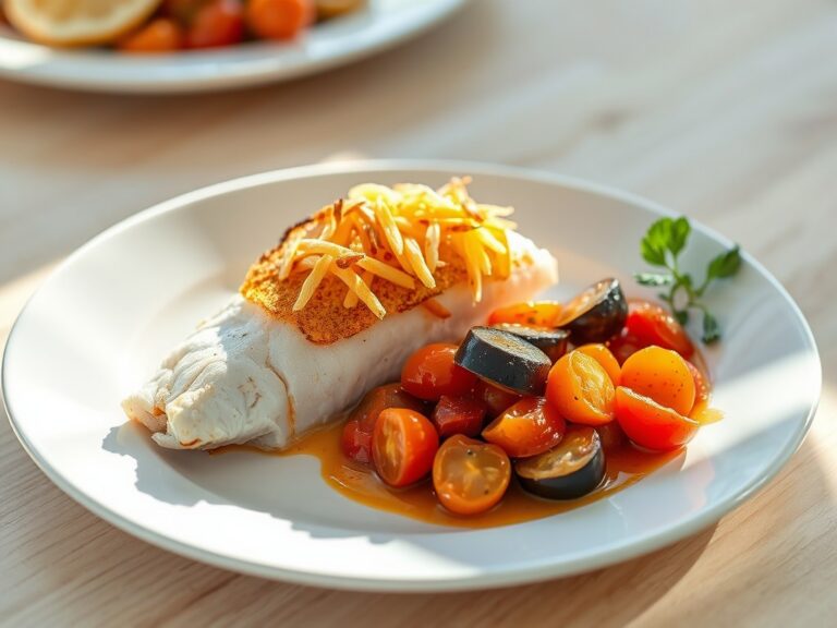 Griet met een korstje van aardappelen en caponata van aubergines