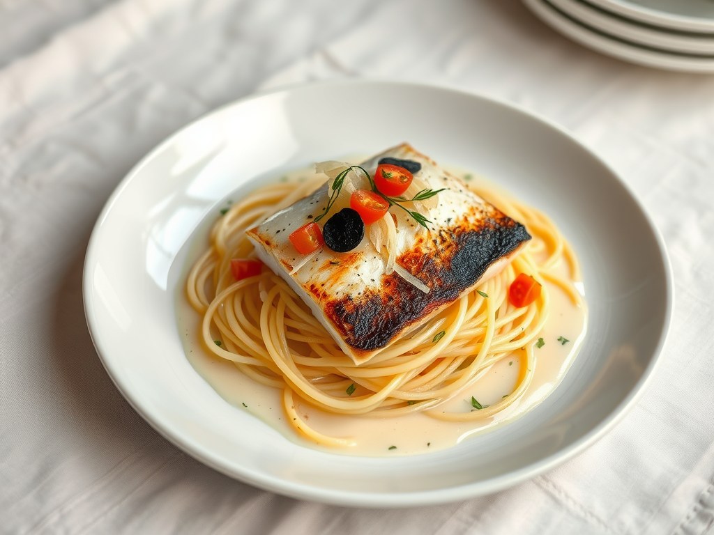 Grietfilet in spaghetti van aardappel met (zie opm, AI-gegenereerde illustratie