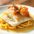 Grietfilet met saffraanspirelli, krokante ham en wijnsausje
