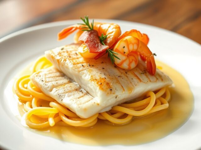Grietfilet met saffraanspirelli, krokante ham en wijnsausje
