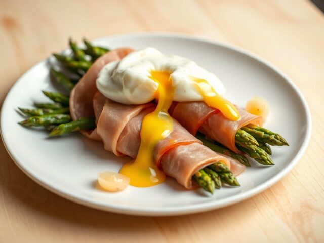 Groene asperges met fijne ham en een gepocheerd ei