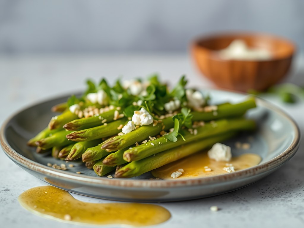 Groene asperges met sesamzaad en geitenkaas en not, AI-gegenereerde illustratie