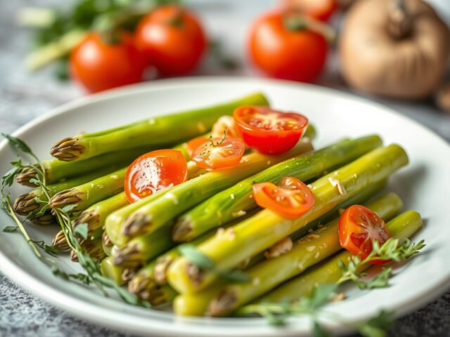 Groene asperges met tomaat en zeekraal — AI-gegenereerde illustratie