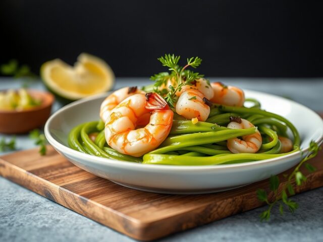 Groene aspergesalade met garnalen — AI-gegenereerde illustratie