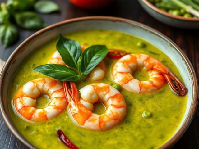 Groene curry met grote garnalen