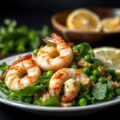 Groene groentensalade met gegrilde garnalen