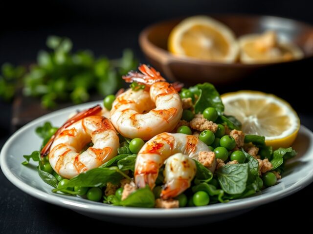 Groene groentensalade met gegrilde garnalen