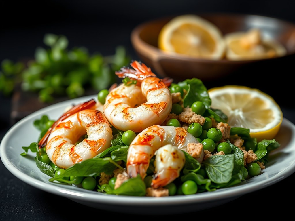 Groene groentensalade met gegrilde garnalen, AI-gegenereerde illustratie