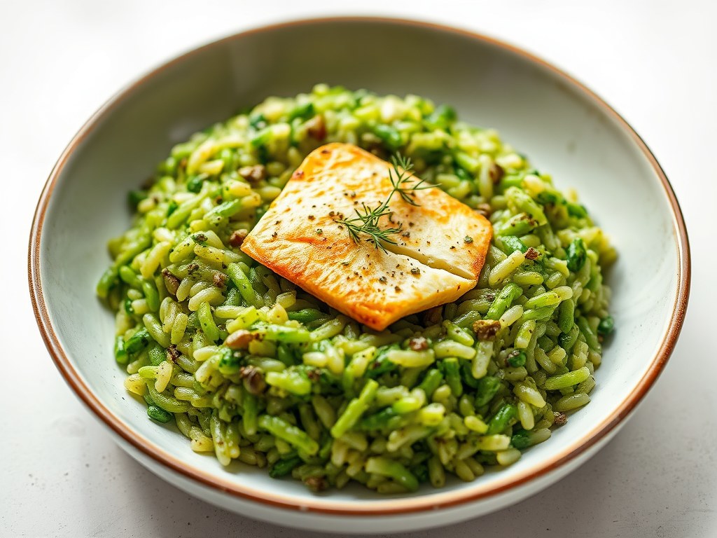 Groene kruidenrisotto met gebakken geitenkaas, AI-gegenereerde illustratie