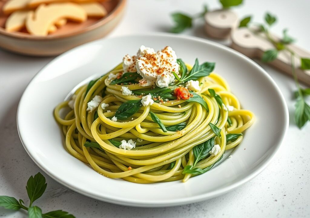 Groene lintpasta met kwark (tagliatelle verde alla ricotta), AI-gegenereerde illustratie
