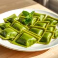 Groene ravioli met erwten en munt