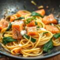 Groente- vissaus bij tagliatelle