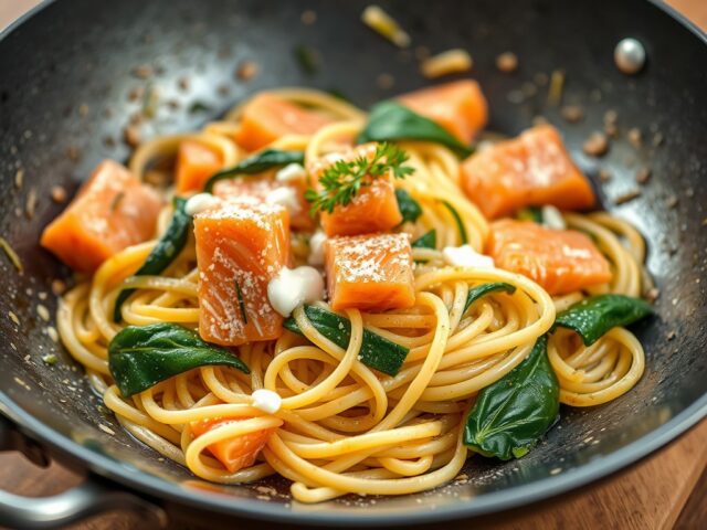 Groente- vissaus bij tagliatelle — AI-gegenereerde illustratie