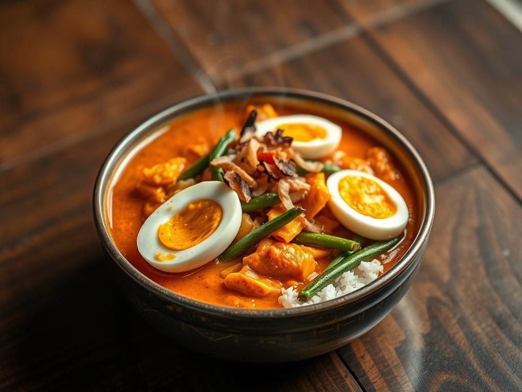 Groentecurry met ei, AI-gegenereerde illustratie