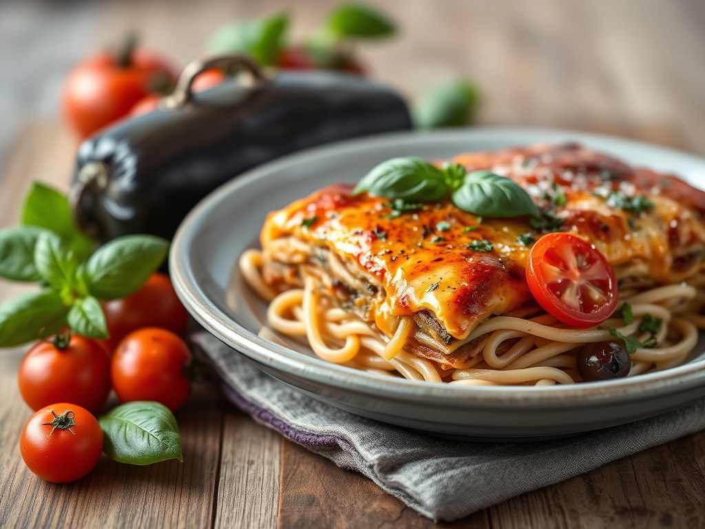 Groentelasagne met aubergine en verse basilicum, AI-gegenereerde illustratie