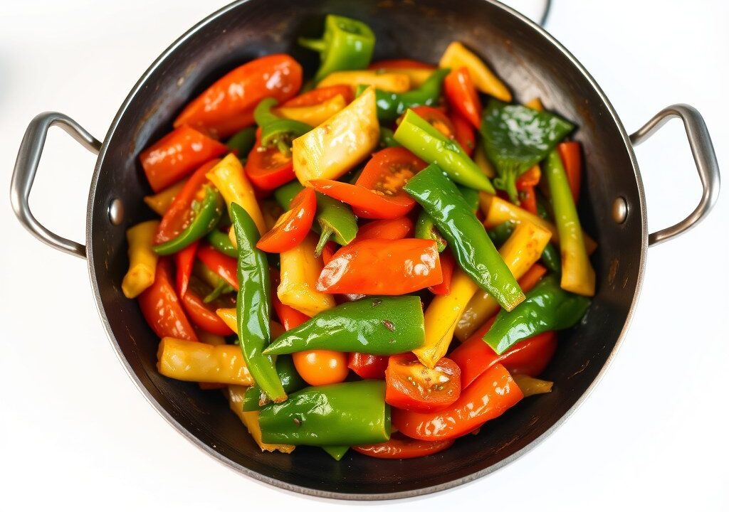 Groenten Jalfrezi uit de wok, AI-gegenereerde illustratie
