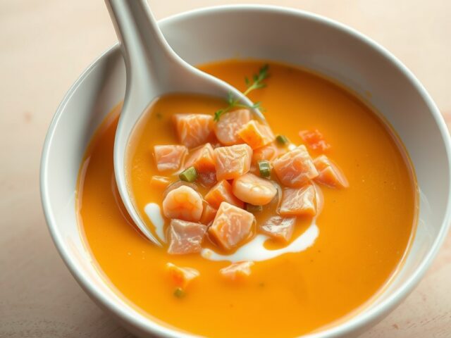 Groentencremesoep met gerookte zalm en garnaal