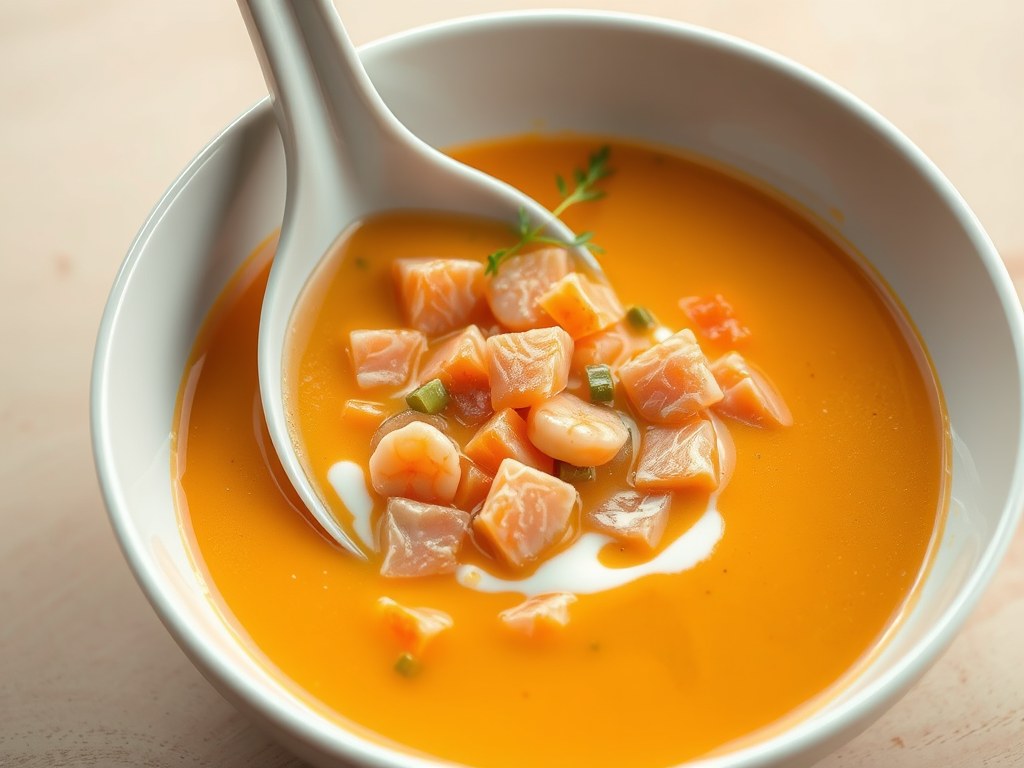 Groentencremesoep met gerookte zalm en garnaal, AI-gegenereerde illustratie