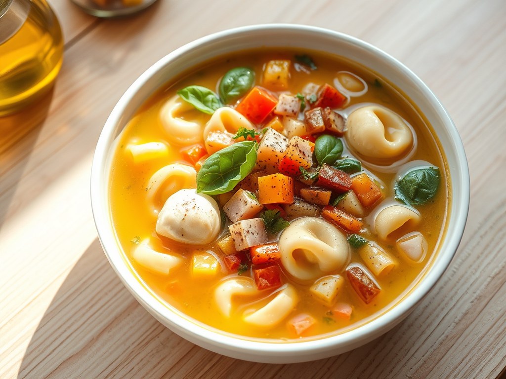 Groentesoep met tortellini, AI-gegenereerde illustratie